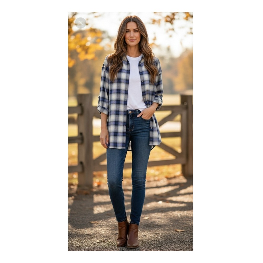 Vince Plaid Button Up Top Size XS Blue White Roll Tab Sleeves Oversized